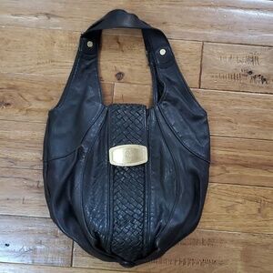 Bill Blass black leather bucket hobo shoulder bag